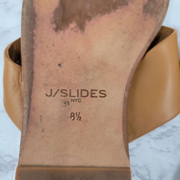 J/SLIDES Tan Leather Sandals Asymmetrical Slip-On Strappy - Picture 8 of 8